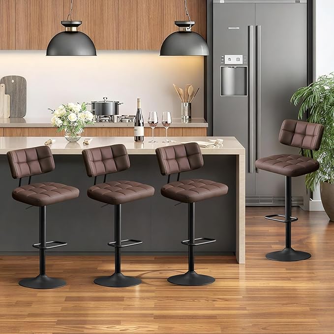 Furniliving Upholstered Bar Stools Set of 4, Faux Leather Swivel Bar Stools with Back, Adjustable Counter Height Barstools for Kitchen Island, Dining Space, Brown