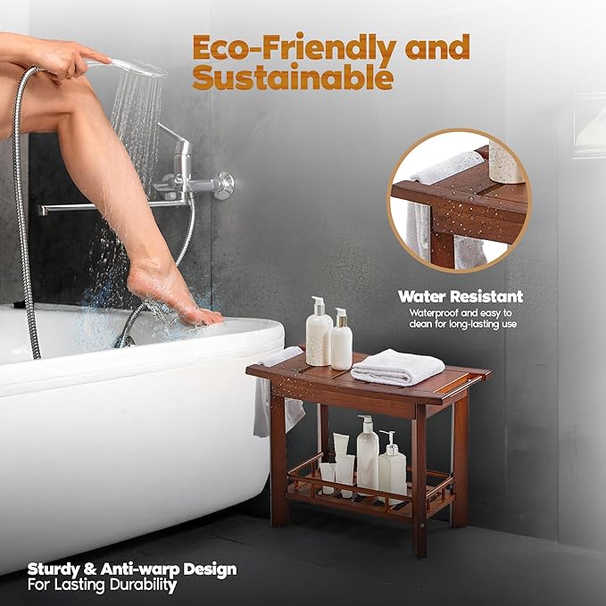 21" Teak Shower Bench for Inside – Luxury Spa-Style Comfort, FSC Certified Durable Teak Wood, Water-Resistant, Ergonomic Seat, Anti-Skid Stability and Enclosed Storage Shelf, 350 lbs Capacity