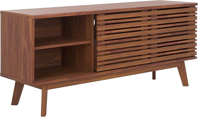 SAFAVIEH ESMA TV Stand for up to 60" Flatscreen – Walnut Brown, Low Sideboard with 2 Sliding Doors, 1 Open Shelf, 1 Drawer, Entertainment Media Console (MED9638A)