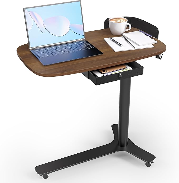 Pneumatic Mobile Standing Desk with Drawer, 28"-43" Height Adjustable, Rolling Desk with Leather Fence & 360° Wheels, for Home/Office (Left/Right Convertible), Dark Walnut