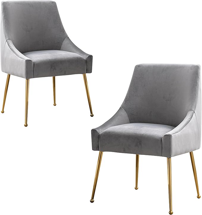 Modern Velvet Dining Chairs Set of 2, Contemporary Upholstered Furniture Collection with Polished Gold Metal Legs, Elegant Accent Chairs for Kitchen Living Room(Grey)