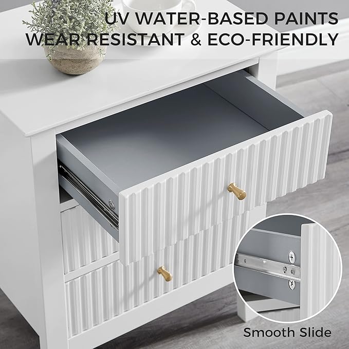 OCANDO White Bed Side Table with 3 Drawers 19" W, Bedroom Nightstand 24" H,Vintage Modern Night Stand,Living Room Fluted End Bedside Tables