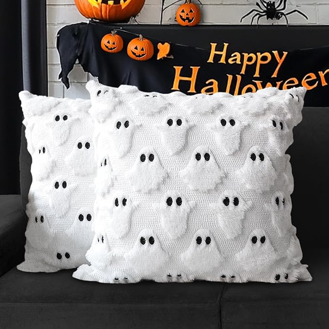 4TH Emotion Halloween Ghost Decorative Pillow Covers 18x18 Set of 2, White Soft Plush Faux Fur Farmhouse Throw Cushion Cases for Fall Autumn Holiday Home Decorations