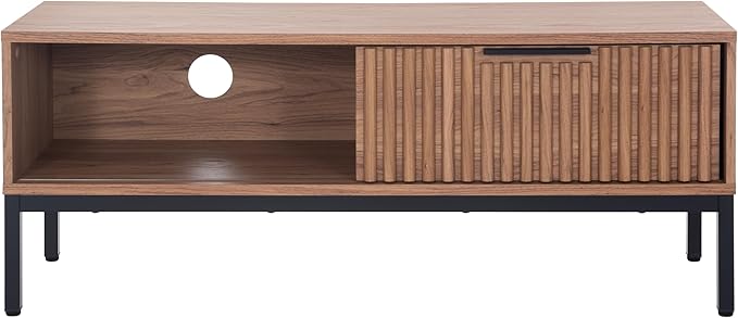 SAFAVIEH Lylia TV Stand for up to 55" Flatscreen – Oak with Black Legs & Handle, 1 Sliding Door, 1 Open Shelf, Entertainment Media Console (MED9617D)