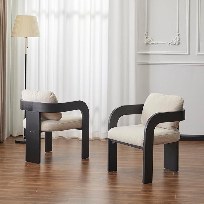 Christopher Knight Home Yorick Modern Dining Chair Set of 2 with Cushion, Solid Wood Dining Room Armchair Set, Curved Backrest Kitchen Side Chair, Living Room Comfy Extra Seat, Black+Beige