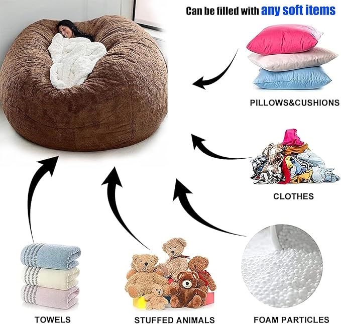 Giant Fur Bean Bag Chair Cover for Kids Adults, (No Filler) Living Room Furniture Big Round Soft Fluffy Faux Fur Beanbag Lazy Sofa Bed Cover (Black, 3FT)