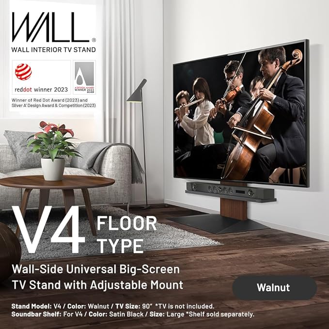 WALL V4 | Sleek Shallow Floor TV Stand for Extra Large 50-100 Inch | Walnut | for Large Screens | Living Room and Bedroom, Space Saving, Adjustable Mount, No Drill, Japan-Engineered Design