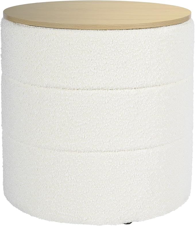 HomePop Channel Storage Ottoman with Wood Top - Cream Boucle