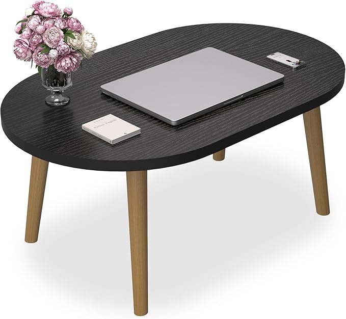 Small Coffee Table for Small Space, Low Table, Floor Table Desk for Sitting on The Floor, Japanese Coffee Table for Living Room, Tatami Tea Tables with Solid Wood Legs, Oval Coffee Tables, Black