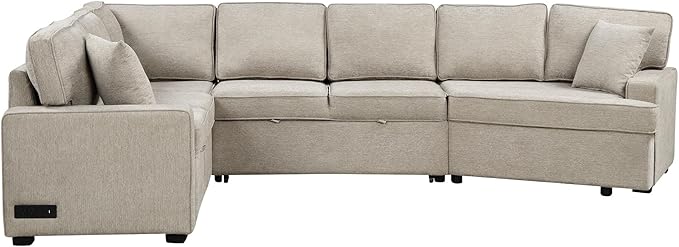 126" Extra Large Pull-Out Sofa Bed with Drop-Down Cup Holder Tables,L-Shaped Sectional Cozy Couch W/Charging Device,Convenient Sleeper Furniture Set for LivingRoom Apartment,Black Chenille