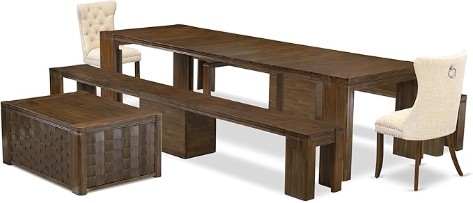 X02DA-2C8-32 6-Pc Dining Table Set includes an Extendable Rectangle Kitchen Table, 1 Coffee Table, 2 Polyester Dining Chairs and 2 Benches, 39x120 Inch, Antique Walnut
