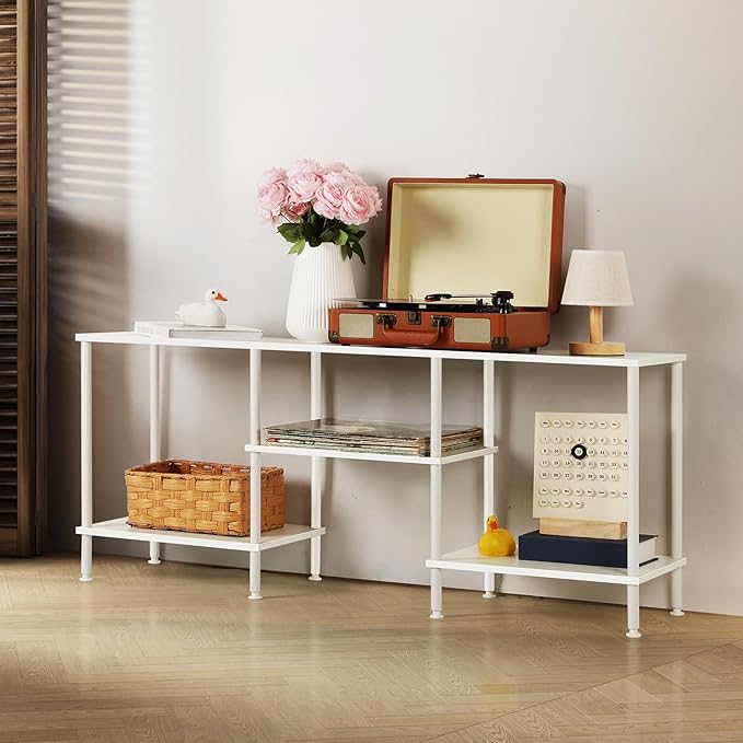 BTY White TV Stand for Bedroom 3 Tier Small Entertainment Center with Storage Industrial TV Media Console Table for 50 Inch TVs, Living Room, Small Space