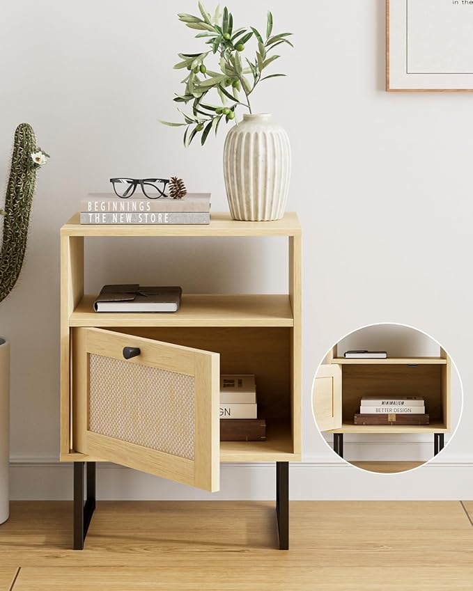 Masupu Rattan Nightstand,Modern Boho Farmhouse Wood Bedside Table with Storage Drawer and Open Shelf,Small Black Frame Side End Table for Bedroom,Living Room,Office (Natural)