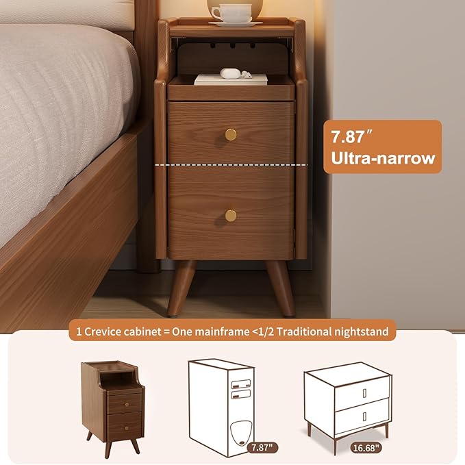 Small Nightstand with Drawers, Solid Wood Bedside Table, Narrow Walnut Nightstand for Bedroom