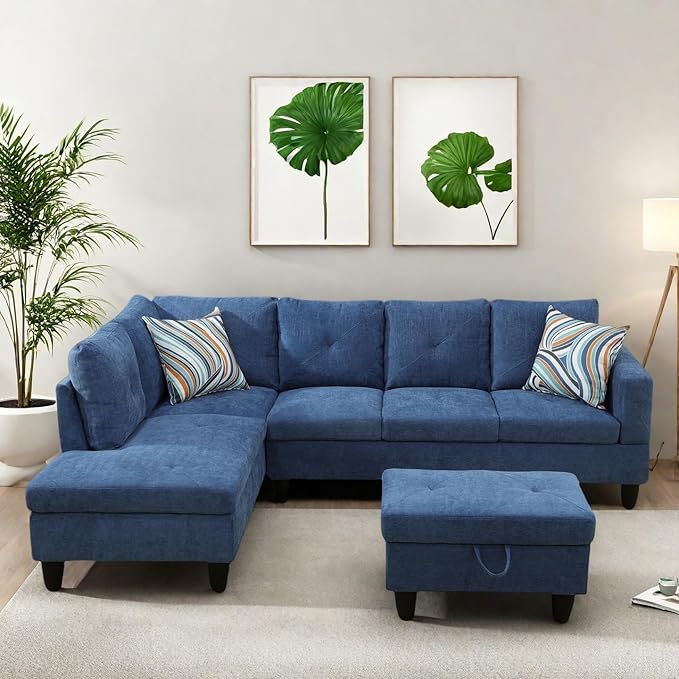 Modern Living Room Furniture Sets with Pillows, Modular Sectional Couches with Chaise Lounge, 4-Seaters L Shape Sofa with Storage Ottoman, for Living Room, Blue