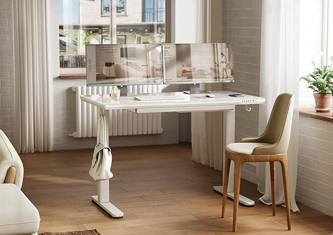 INNOVAR Wireless Charging Standing Desk with Drawers, Adjustable Height Electric Desk, 48 inch, Super White