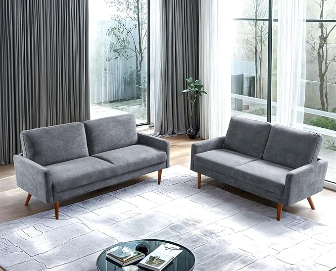 Kent 2 Piece Velvet Sofa and Loveseat Set, European Style with Modern & Vintage Flair, Upholstered 5 Seater Couch, Chic Living Room Furniture Seating for Home, Apartment or Office, Grey