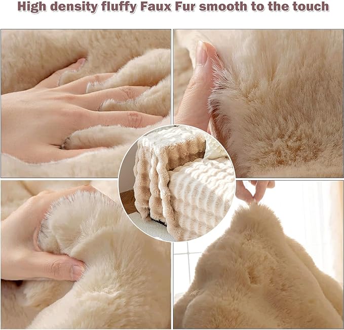 Thick Faux Rabbit Fur Couch Cover 1-Piece Non-Slip Warm Soft Cozy Sofa Covers,Fluffy Plush Sofa Slipcover Furniture Protector for Kids,Pets(Khaki,71" x 118")
