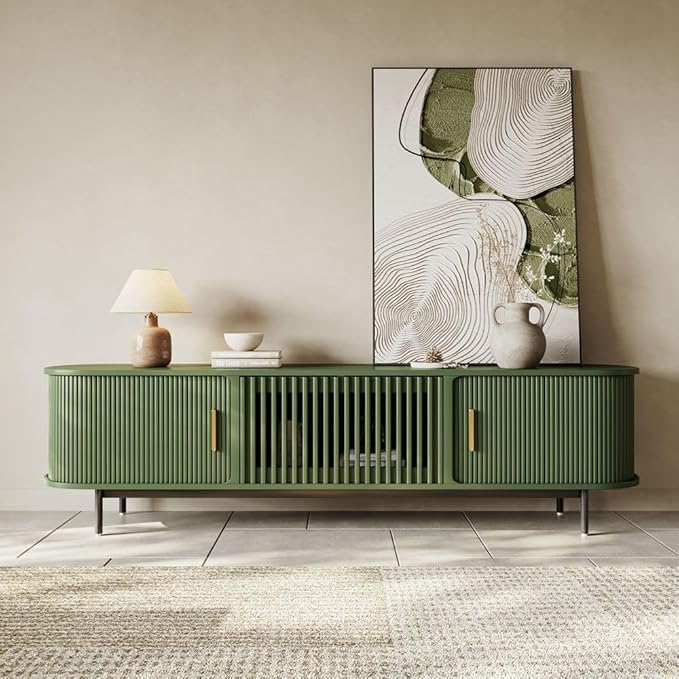 POVISON Fully-Assembled Modern Green TV Stand with Tambour Doors, Fluted TV Media Console for 75 Inch TVs, Sliding Door Entertainment Center with Storage for Living Room (Green, 78.74")