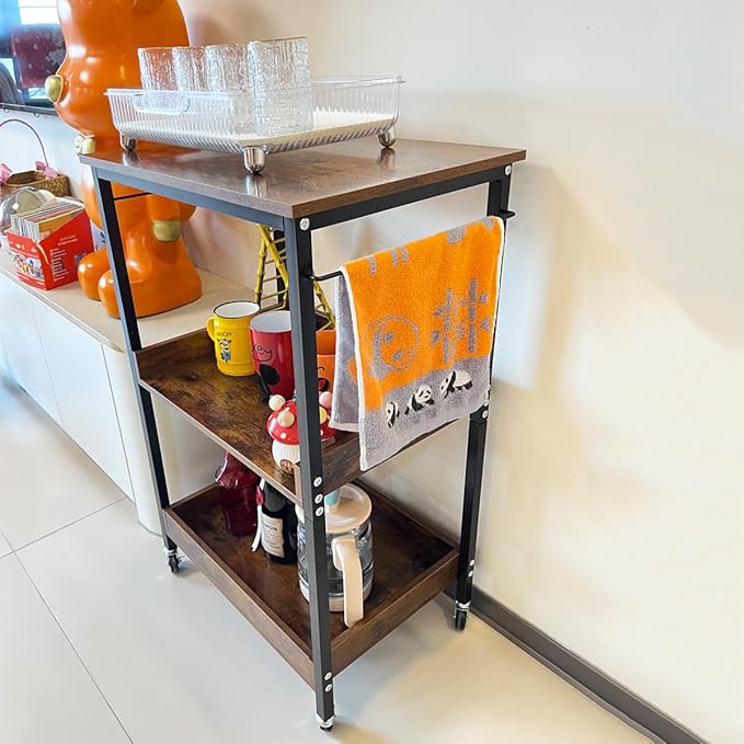 3-Tier Rolling Utility Cart with Table Top- Wooden Utility Cart wit Wheels- Kitchen Storage Microwave Table Stand, Mesh Shelves, for Living and Kitchen Room Office (Brown)
