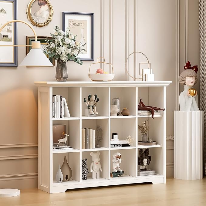 Wooden Cube Bookcase with Base - Modern 3 Tiers Floor Standing Open Shelf Cabinet for Home and Office, 12-Cube Lattice Bookshelf, Warm White
