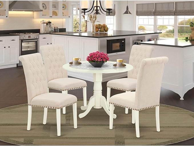 East West Furniture DLBR5-WHI-02 5 Piece Dining Table Set for 4 Includes a Round Kitchen Table with Dropleaf and 4 Light Beige Linen Fabric Upholstered Chairs, 42x42 Inch, Linen White