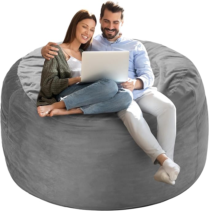 Homguava 4 FT Bean Bag Chair: 4' Bean Bags with Memory Foam Filled, Large Beanbag Chairs Soft Sofa with Dutch Velvet Cover-Grey