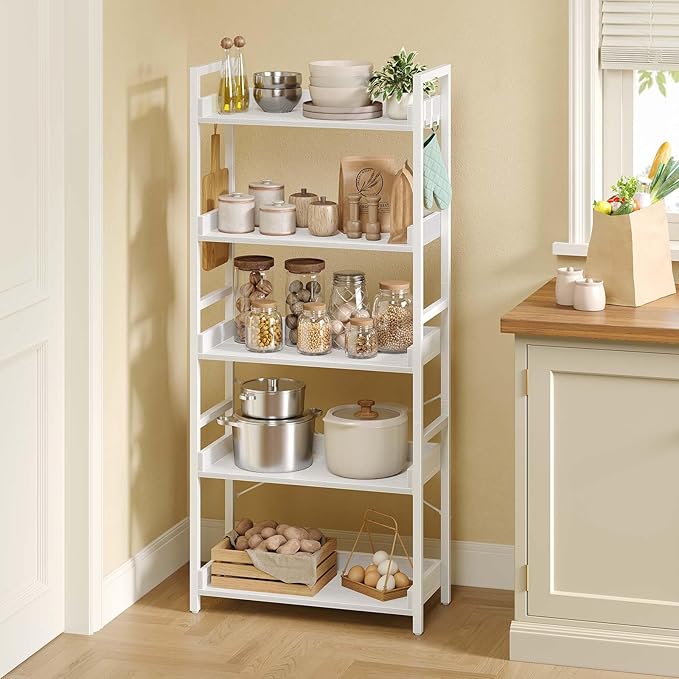 Rolanstar Bookshelf 5 Tier with 4 Hooks, Industrial Bookcase, Vintage Storage Rack with Open Shelves, Rustic Standing Bookshelves Metal Frame Display Rack for Living Room, Bedroom, White