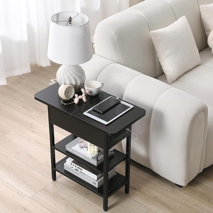 Modern End Table with Charging Station, Narrow Side Table with USB Ports & Outlets, Flip-Top Nightstand with Storage Shelf, Small Bedside Table for Living Room, Bedroom, Small Space, Black