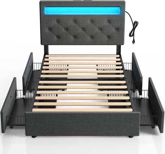 Rolanstar Twin Bed Frame with 4 Storage Drawers and Charging Station,Twin Bed with Led Lights, 2 USB & 1 Type C, Adjustable Headboard 38.9/40.8 Inches, No Box Spring Needed, Grey