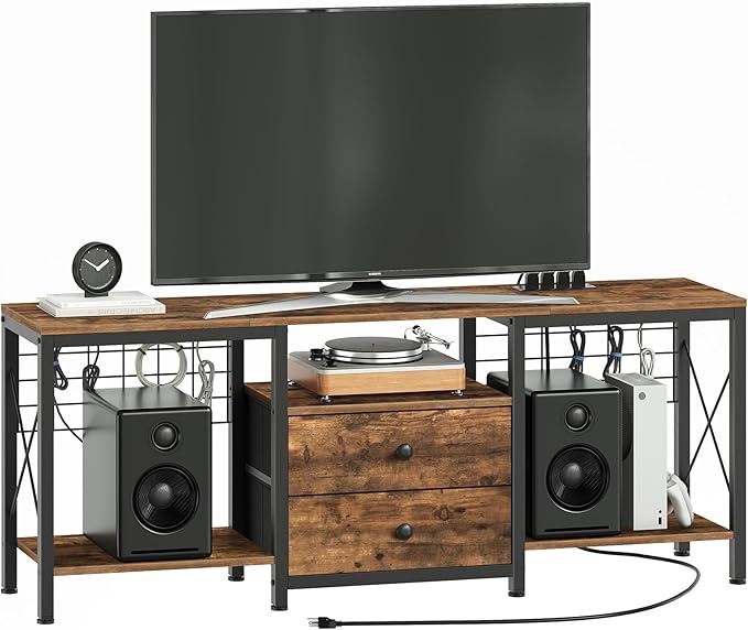 TV Stand with Power Outlet Up to 60 Inch, Entertainment Center with 2 Fabric Drawers, TV Console Table with Open Storage Shelves for TVs, Cable Management, for Living Room, Bedroom, DS14UBRY1
