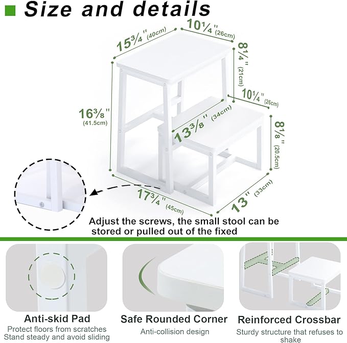 Step Stool for Adults & Kids,Holds up to 500Lb,3 in1 Heavy Duty Sturdy 2 tair Wooden StepStool for Kichen/Bathroom/High beds, Metal Frame, Non-Slip Pads