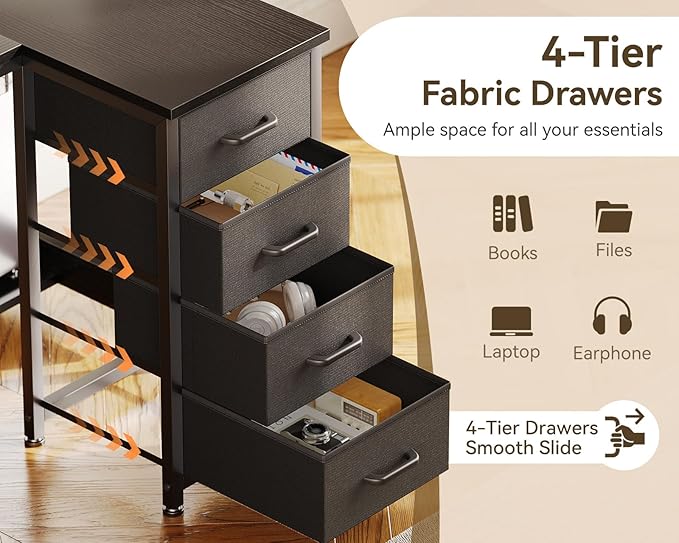 Casaottima L Shaped Desk with 4 Drawers, 40" Small Corner Computer Desk with Storage, Reversible Kids Study Table with CPU Stand & Hook, Work Table for Home Office, Black