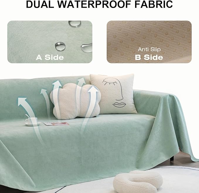 STACYPIK 100% Waterproof Sea Green Sofa Covers, Couch Cover for Sectional, Anti-Cat Scratch Furniture Protector, Washable Jacquard Sofa Cover for Dogs, Kids, Wear Resistant Sofa Slipcover-71X90IN