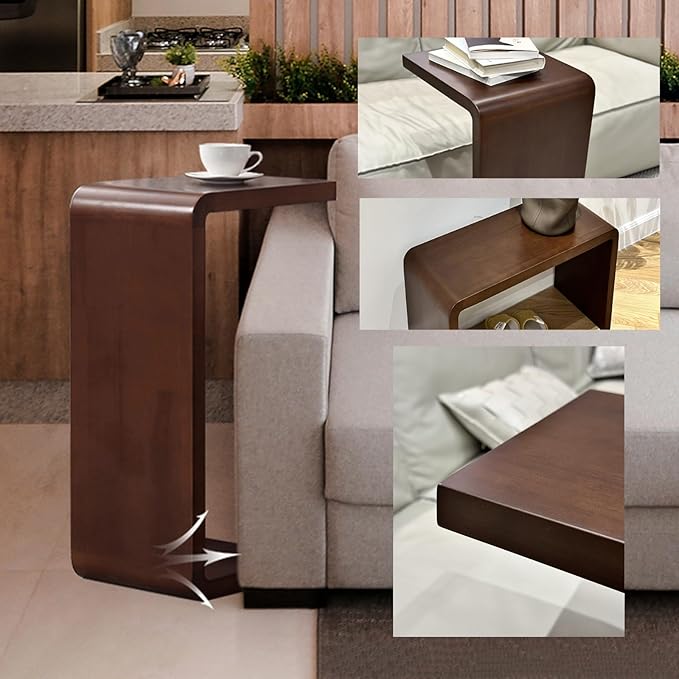 C Shaped End Table, Solid Wood C Side Table for Couch Sofa and Bed, Sofa Tables That Slide Under for Space Saving, Small Snack C Tables for Living Room Bedroom (H 24.4″ - Brown, 2)