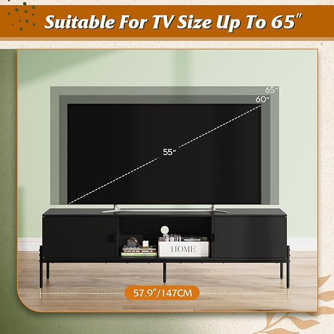WLIVE Modern TV Stand for 65 Inch TV, Mid Century Entainment Center with Storage, TV Console with Open Shelf and 2 Cabinets for Bedroom and Living Room, TV Cabinet with Metal Legs, Black