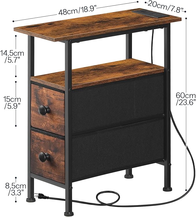 HOOBRO Set of 2 Narrow End Tables with Charging Station, Slim Side Table with 2 Fabric Drawers, Skinny Nightstand with Storage, Slim Bedside Table for Small Spaces, Rustic Brown and Black BF487UBZP201