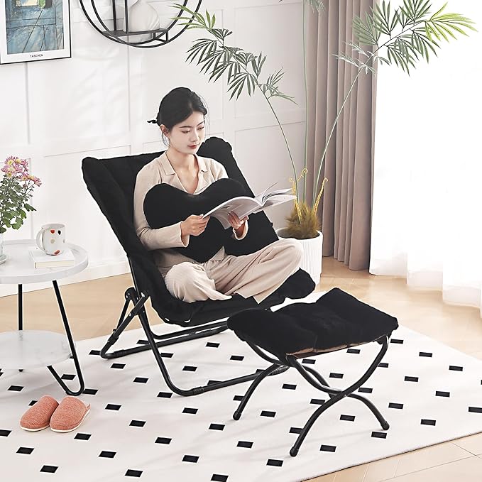 Comfy Saucer Chair with Ottoman, Oversized Folding Faux Fur Chair Soft Furry Lounge Lazy Chair with Metal Frame Moon Chair Accent Chair for Bedroom, Living Room, Dorm Rooms, Black