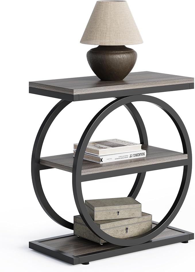 LITTLE TREE End Table Set 2, Side Table with 3 Tiers Shelves, Slim Sofa Side Table for Living Room, Tall Bedside Table Nightstand for Bedroom, Grey and Black