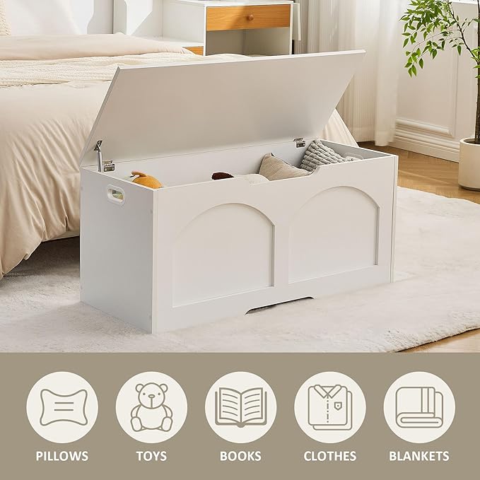 Storage Chest, 31.5" Wooden Storage Trunk Bench, Entryway Bench, Storage Box, Toy Chest with Lift Top, U-Shaped Opening, Easy Assembly, 31.5" x 15.7" x 18.3" Toy Box Chest Organizer Bench, Ivory White