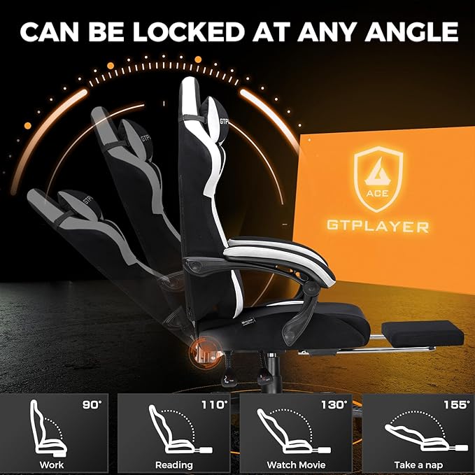 GTPLAYER Gaming Chair Fabric with Footrest, Big and Tall Game Chair High Back Computer Office Chair with Lumbar Support for Adults, Ergonomic Swivel Games Chair with Cushion Gaming Black