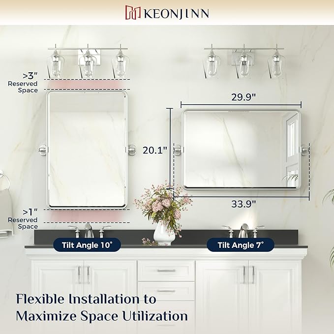Keonjinn 20 x 30 Inch Tilt Mirror Bathroom, Satin Nickel Metal Pivot Mirror for Bathroom, Silver Beveled Fixed Tilt Mirrors for Over Sink, Modern Tilting Mirrors Wall Mounted (Horizontal/Vertical)