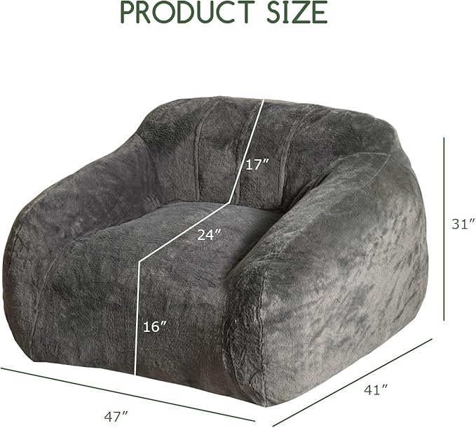 HIGOGOGO Giant Bean Bag Chair for Adults, Big Comfy Sofa Chair for Bedroom Living Room, Bean Bag Lazy Chair for Adults with Armrests for Gaming, Reading, Fur Dark Grey