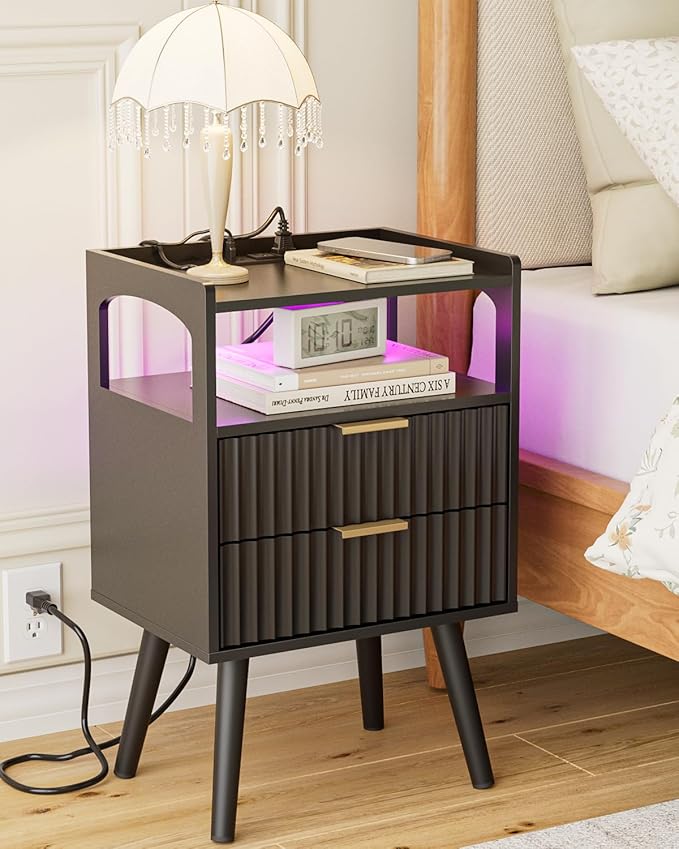 Nightstand with Charging Station,Small Bedside Table with Gold Frame,Morden Night Stand,End Table,Bedside Furniture,Side Table with Drawer and Shelf for Bedroom,Living Room (Black)
