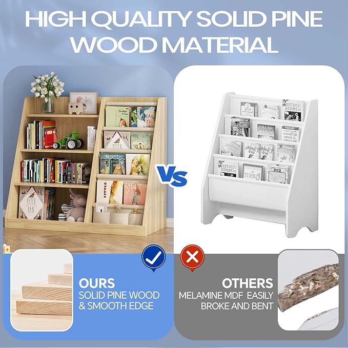 Kids Bookshelf and Toy Storage Organizer, 4 Tier Wooden Kids Book Shelf with Sling Book Rack in Kids Room Playroom Nursery for Kids, Children, Toddlers