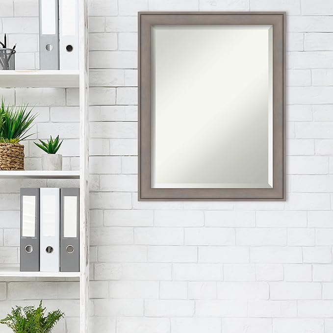 Amanti Art Grey Wall Mirror 28x22 Greywash Rectangle Bathroom Mirror for Wall Decor Living Room, Medium Country Rustic Wood Frame, Hangs Horizonally and Vertically, Bathroom Decor, Beveled Edge