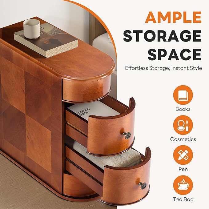 Sweetcrispy Side End Table with 2 Drawers, Tall Nightstand Vintage Bedside Tables No Assembly Night Stand with Curved Edge Storage Space Wood Sofa Slim Organizer for Living Room, Bedroom, Brown