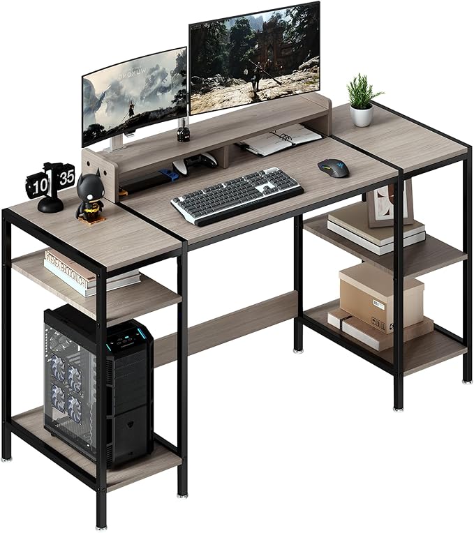 Computer Gaming Desk with Monitor Stand, Home Office Desk Suitable for 2 Monitors, Writing Desk with Adjustable Storage Space,Sturdy and Durable Modern Small Desk (Grey, 55 inchs)