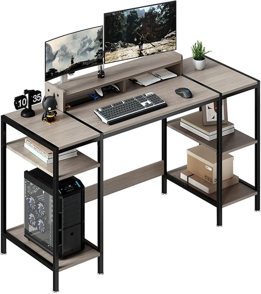Computer Gaming Desk with Monitor Stand, Home Office Desk Suitable for 2 Monitors, Writing Desk with Adjustable Storage Space,Sturdy and Durable Modern Small Desk (Grey, 55 inchs)