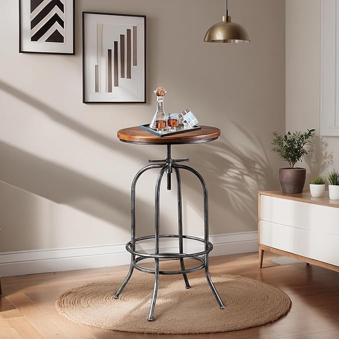 Rustic Bar Table Vintage Bistro Table Industrial Pub Table for Kitchen Coffee House Office Computer Desk Swivel Round Wooden Top 37.4-45.3inch Height Adjustable